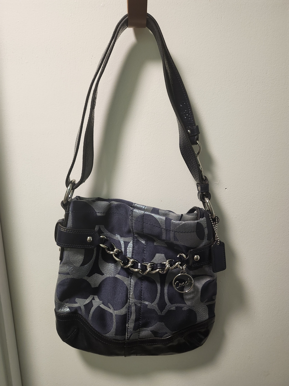 Coach Signature Jacquard Chain Shoulder Bag in Navy Gray